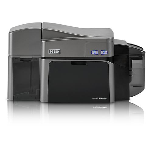 impressora de cartões pvc fargo dtc1250e vista de frente com output hopper